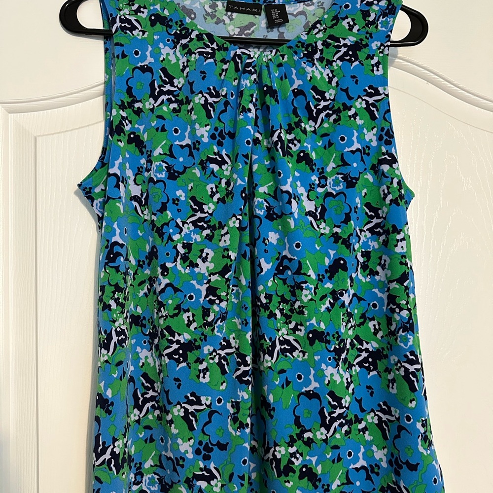 Tahari Floral Sleeveless Blouse - Blue and Green